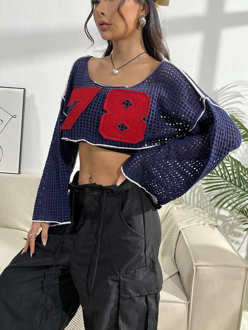 'Liora' Contrast Patches Long Sleeve Cropped Knit Sweater - Celes Fashion